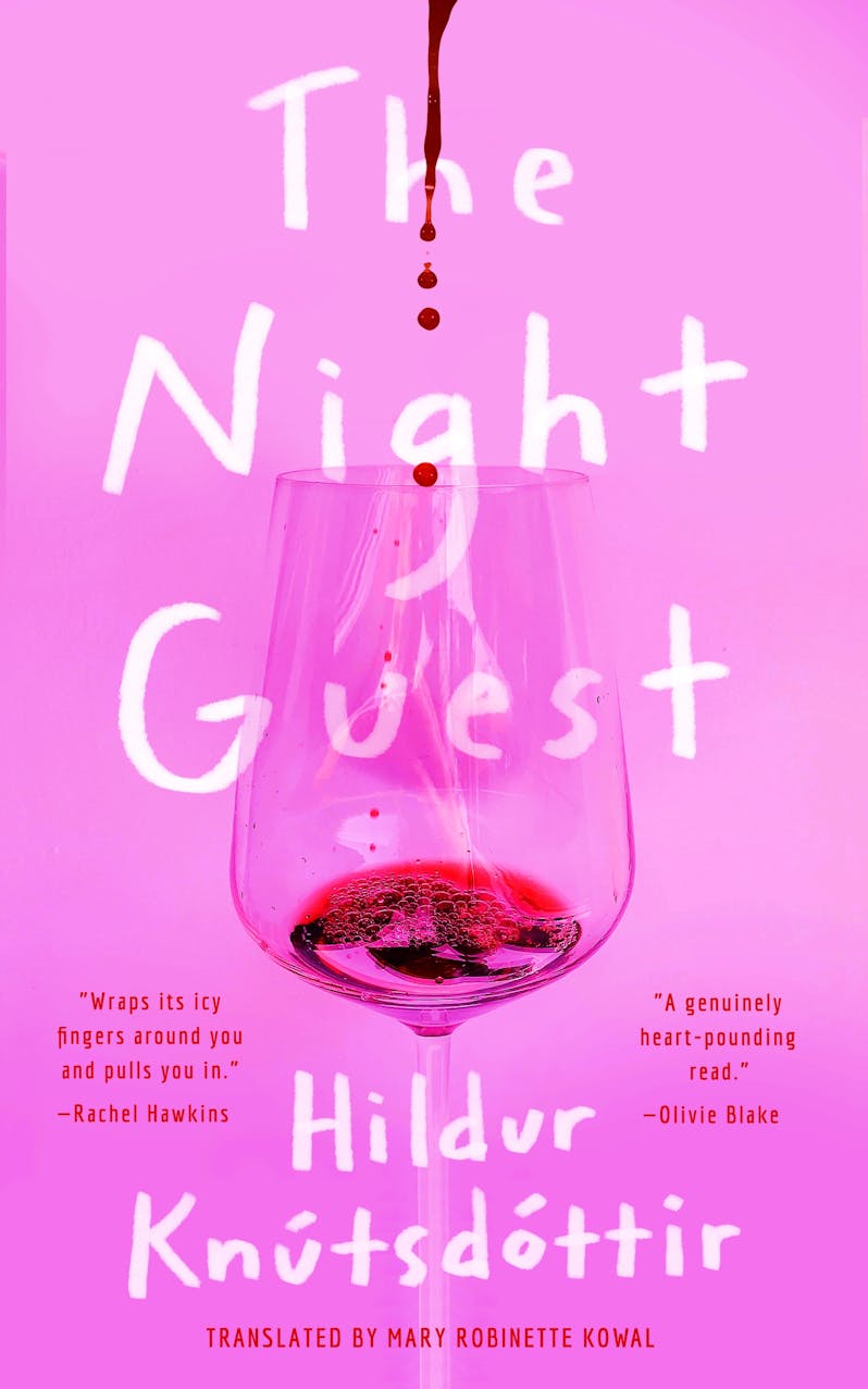 The cover to THE NIGHT GUEST.  Red wine (or blood?) Drips into a wineglass against a pink background.