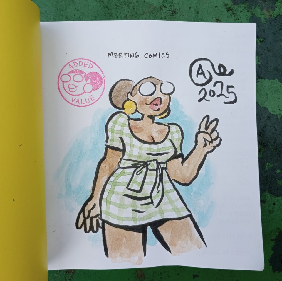 A watercolor of Val in a pretty dress inside a copy of Meeting Comics.