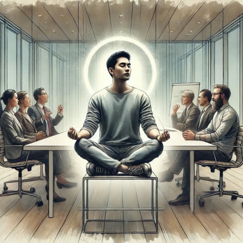 Person meditating in a meeting room