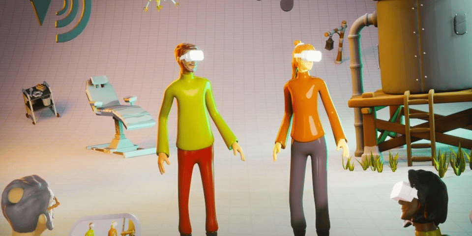 Two CGI people in virtual reality helmets surrounded by esoteria.
