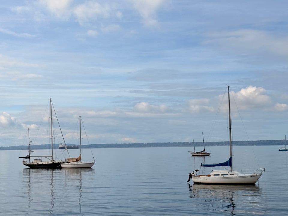 Five sailboats on a completely placid Puget Sound, under partly cloudy skies.