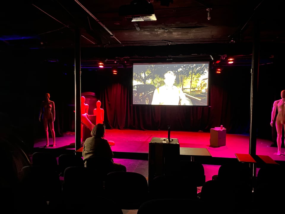 A dark black box theater with blowup dolls lit with pink lights and a projector screen hanging center stage featuring a male detective