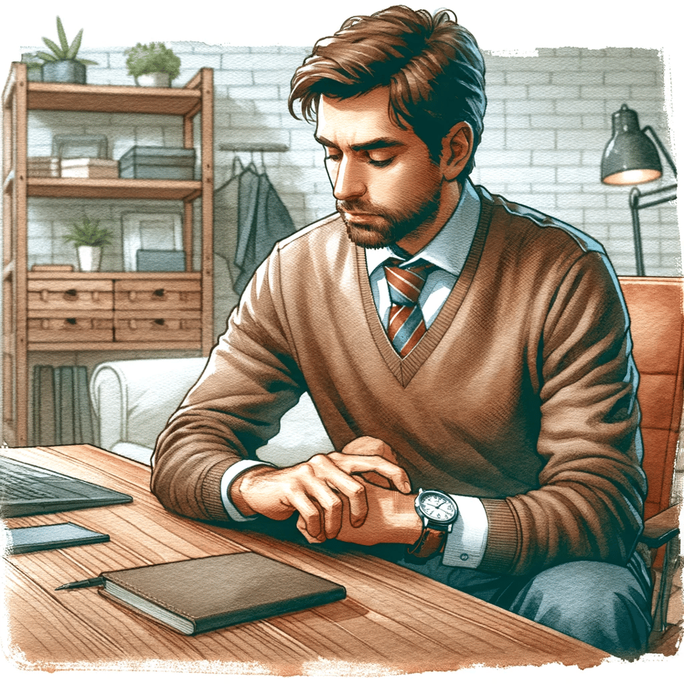 a man sitting at a desk, impatiently awaiting his money. I asked ChatGPT to remove the tie about eight times and then gave up.