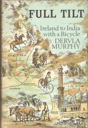 Illustrated book cover with a hand drawn map through Pakistan to India, with buffalos, gendarmes on horseback, men in turbans with buffalos, and a woman on a bike.