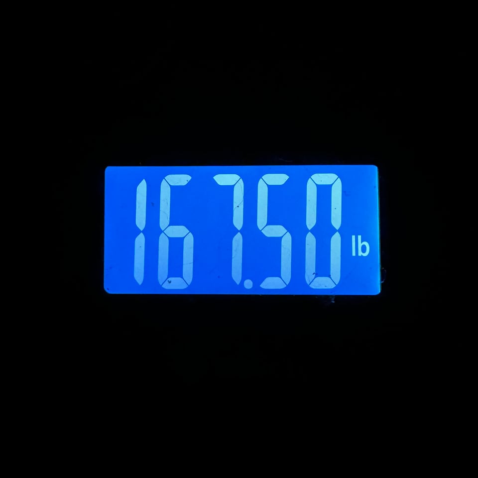 Photo of digital display of a scale, showing 167.5 lbs