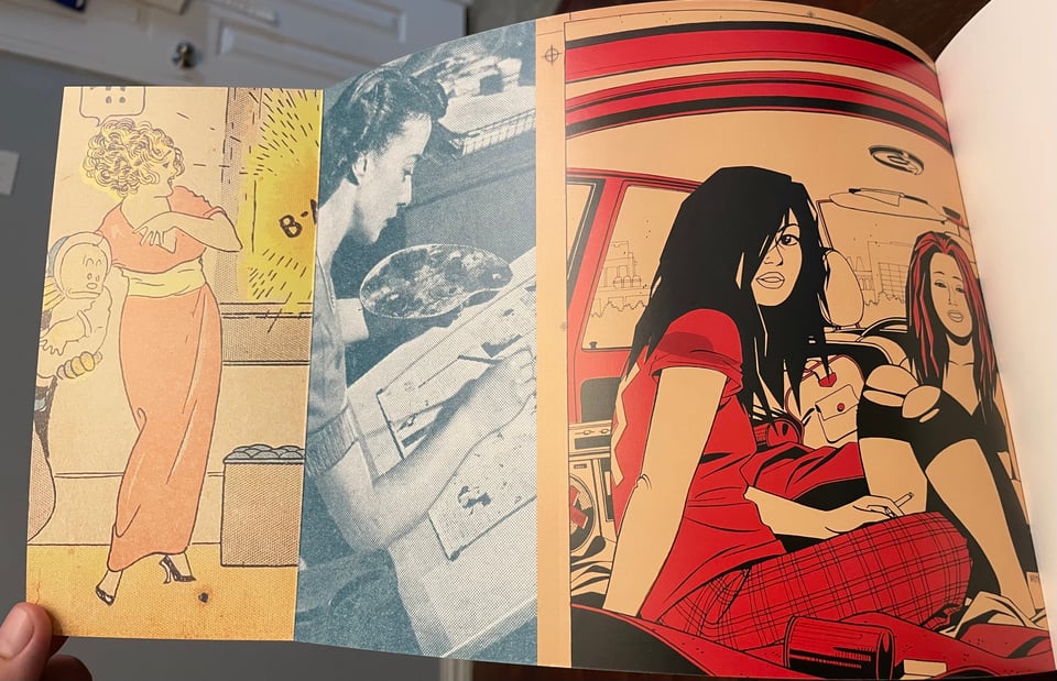 Photo of the inside front cover, featuring images from a Golden Age comic strip, a photo of a woman at a drafting table, and a panel from the comic Love & Rockets.
