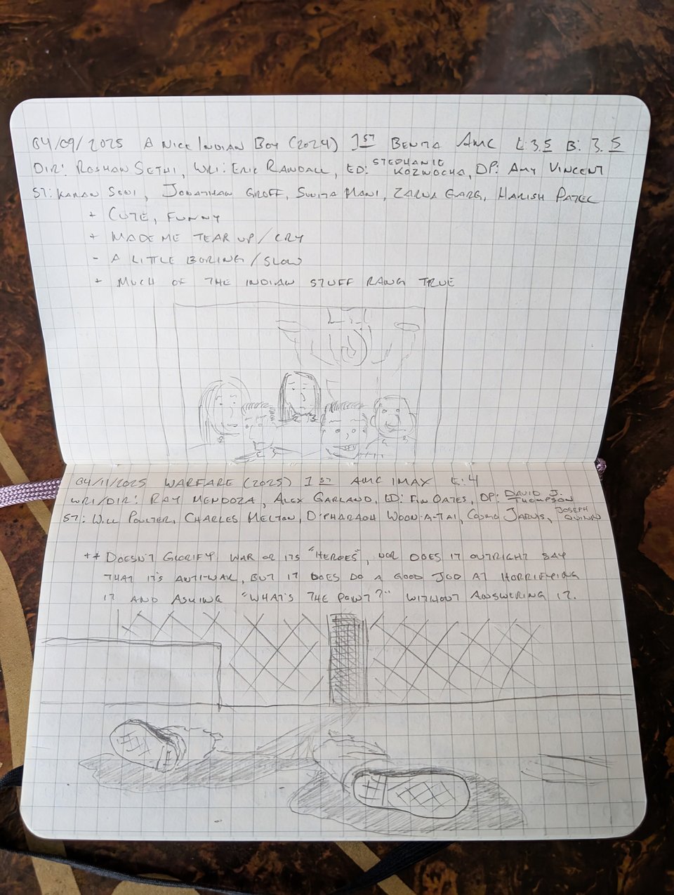 A quad-ruled notebook with handwritten notes/drawings about the movies A Nice Indian Boy, and Warfare.