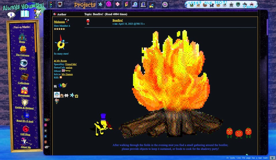 [A pixelated bonfire within the Melonland interface.]