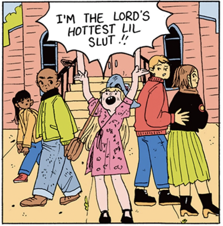 A young blonde, Bunny, in a sundress and sunhat, gesticulating towards the heavens in front of a church and calling out "I'M THE LORD'S HOTTEST LIL SLUT!!" to the confusion of passers-by.