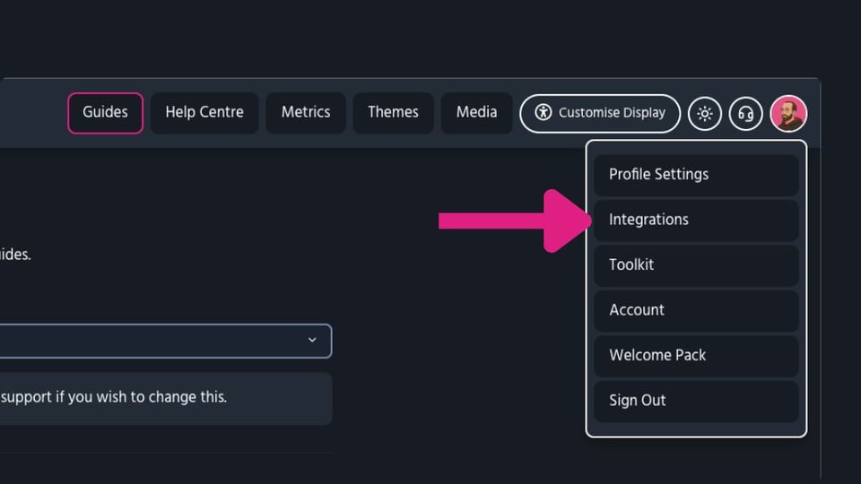 Screenshot showing the integrations menu item within the account menu on the platform.