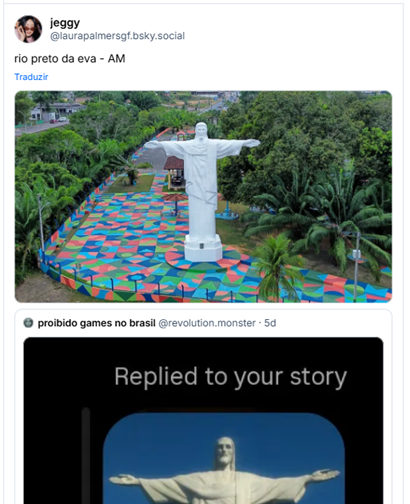Post de jeggy (@laurapalmersgf.bsky.social) : rio preto da eva - AM

Post contém imagem de uma estátua estilo réplica de Cristo Redentor visto de longe, num local de piso colorido, cercado por árvores, palmeiras.