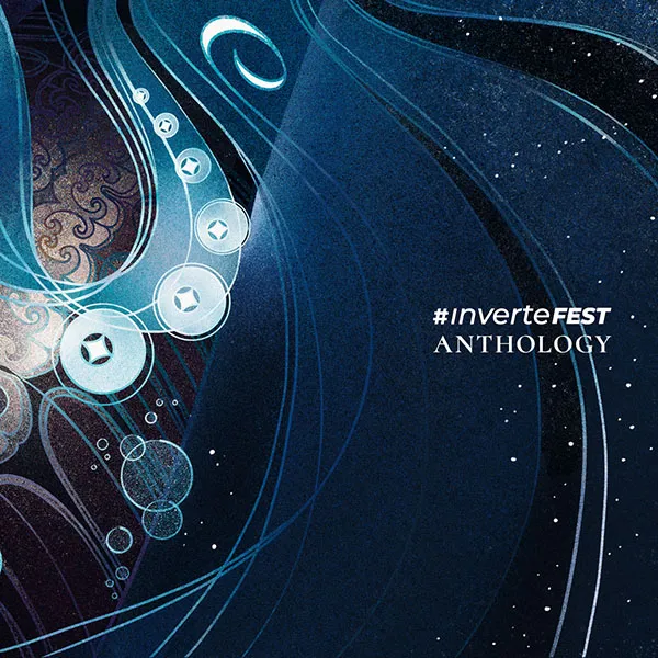 the cover of InverteFest Anthology in shades of deep blue, light blue and purplish of swirls, circles and white speckles like stars