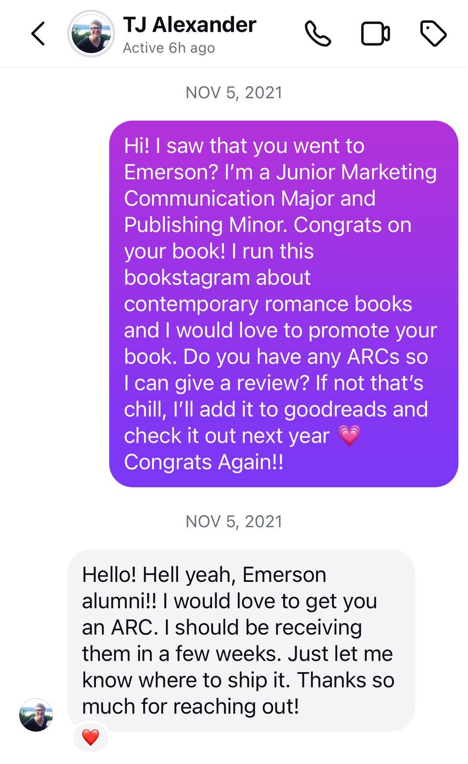 A screenshot of our first DM exchange as described in the Q&A.