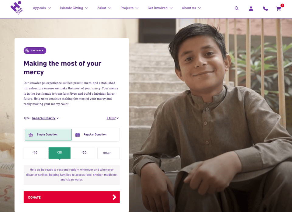 A screenshot of the Human Appeal website. It's a donation page. There is a photograph of a smiling boy and a panel with a Donate button that asks for donations. The headline in the donation panel is, "Making the most of your mercy"