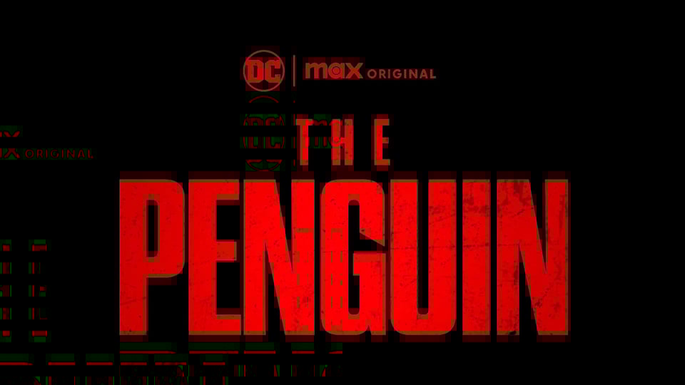 black background, red icons and text featuring dc comics and max original logos and the penguin logo