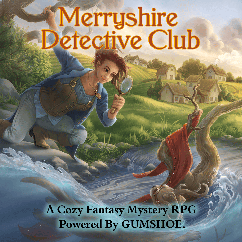 The cover of Merryshire Detective Club, showing a halfling detective by a river.