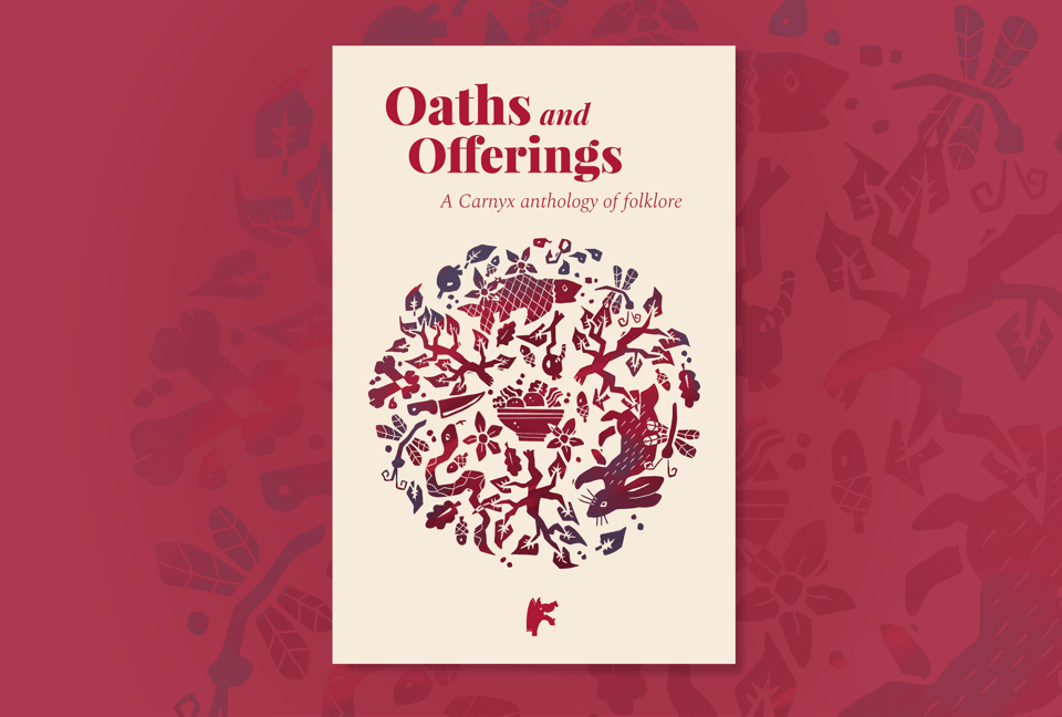 The cover of Oaths and Offerings, featuring a linocut-style design of branches and animals