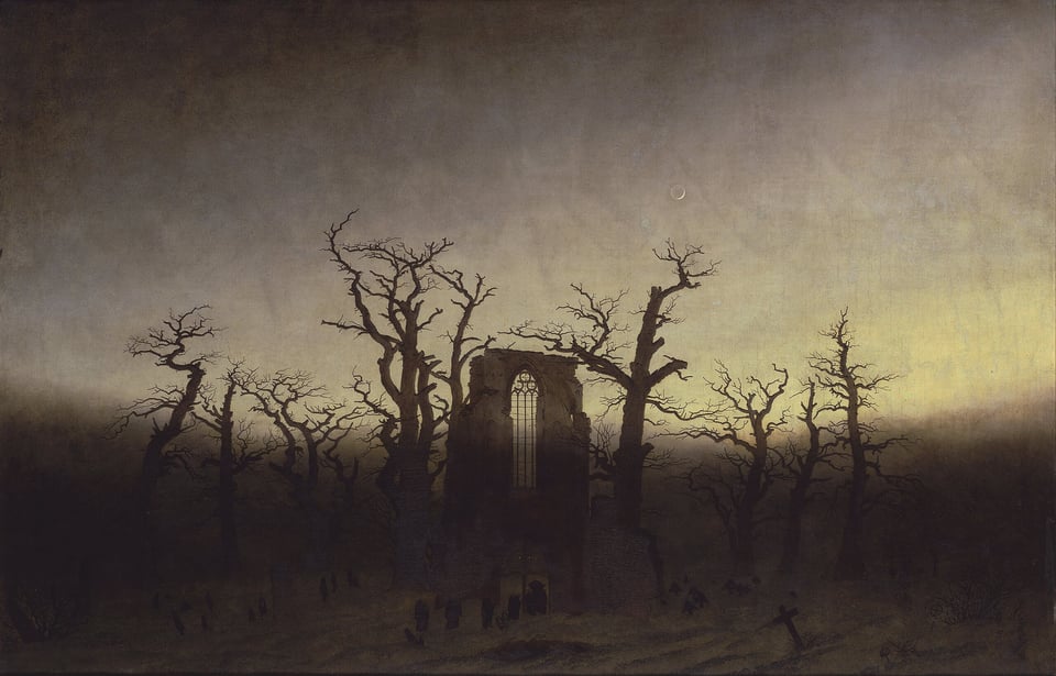 An oil painting of an abbey ruin among some gnarled trees in an eerie landscape