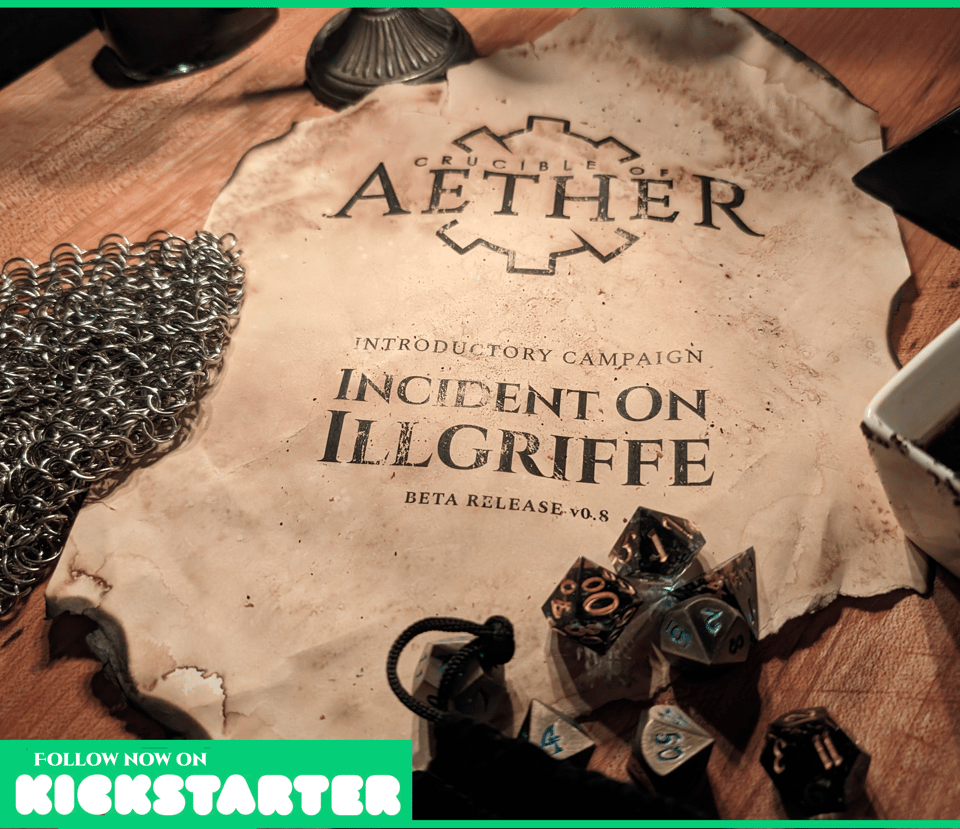 A photo depicts the cover of the Crucible of Aether starter adventure "Incident on Illgriffe"