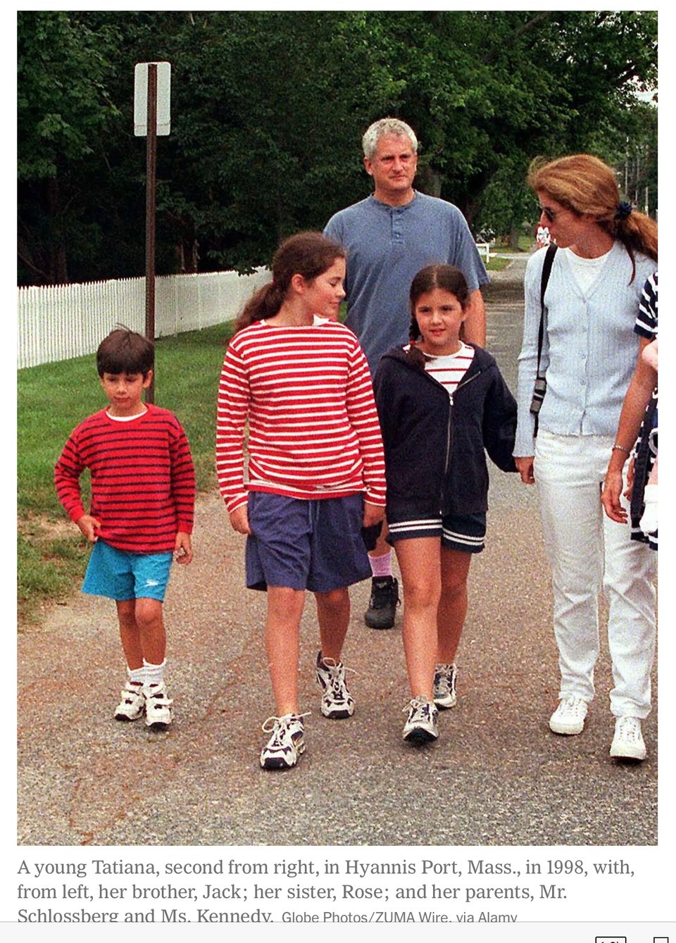 A young Tatiana, second from right, in Hyannis Port, Mass., in 1998, with, from left, her brother, Jack; her sister, Rose; and her parents, Mr. Schlossberg and Ms. Kennedy