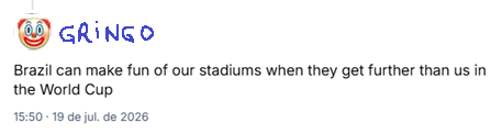 Post de um gringuito, em tradução livre: O Brasil pode rir dos nossos estádios quando for mais longe do que nós na Copa do Mundo.
