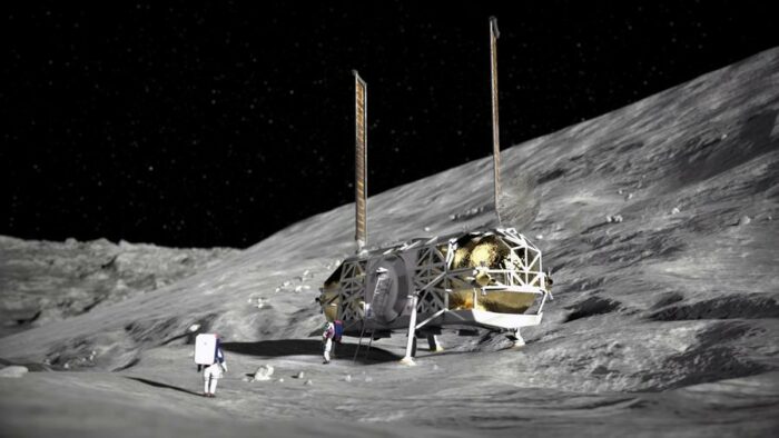 A squat, bug-like, craft on the lunar surface. It is not streamlined, and while being broadly cylindrical, the cylinder is parallel to the ground, rather than standing on its end.