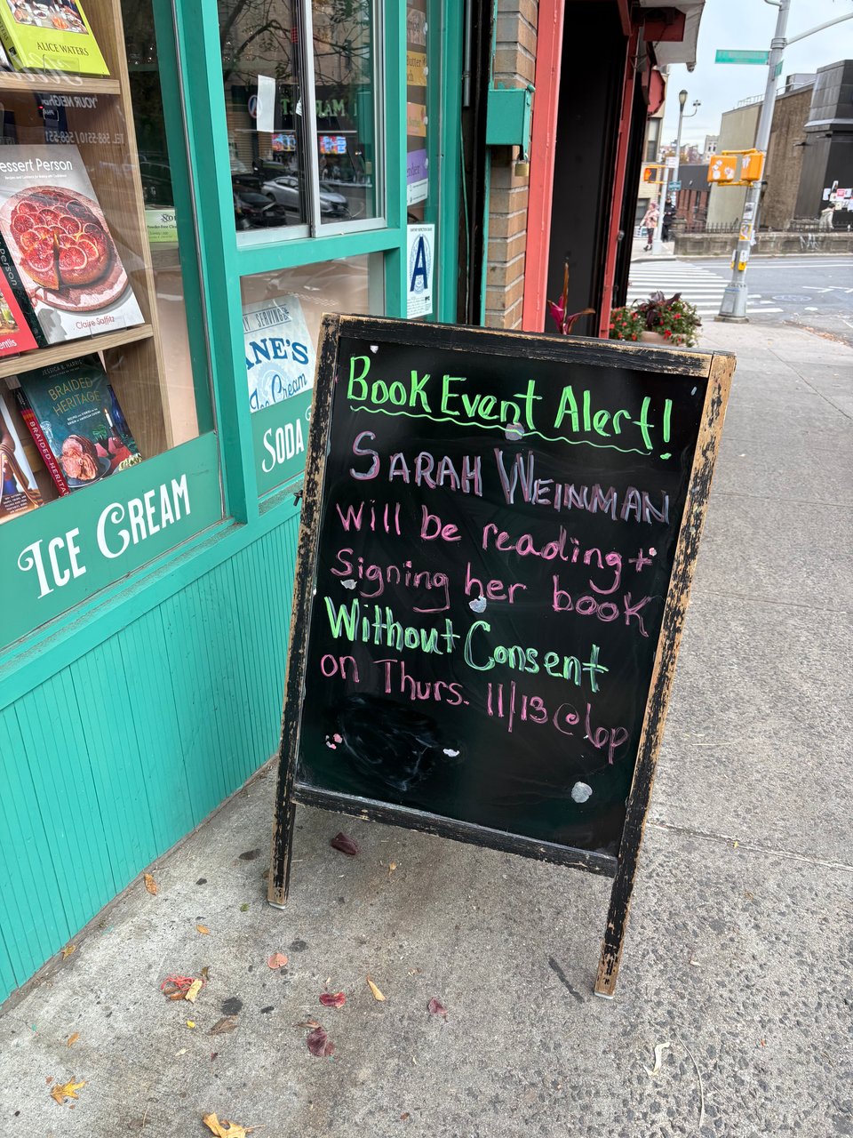 Fountain Bookshop & Ice Cream & Gifts sign announcing my November 13 event