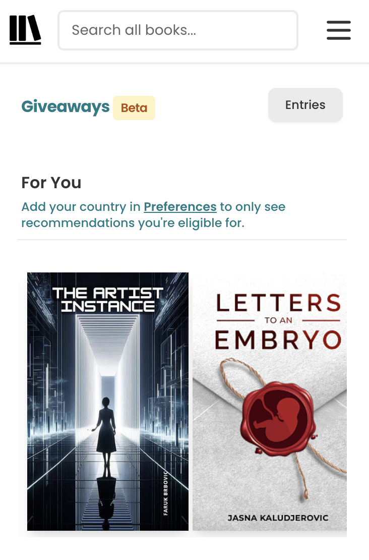Giveaways page labeled ‘Beta’ with a ‘For You’ section and a note prompting users to add their country in Preferences. Two book covers are shown: ‘The Artist Instance’ and ‘Letters to an Embryo.’