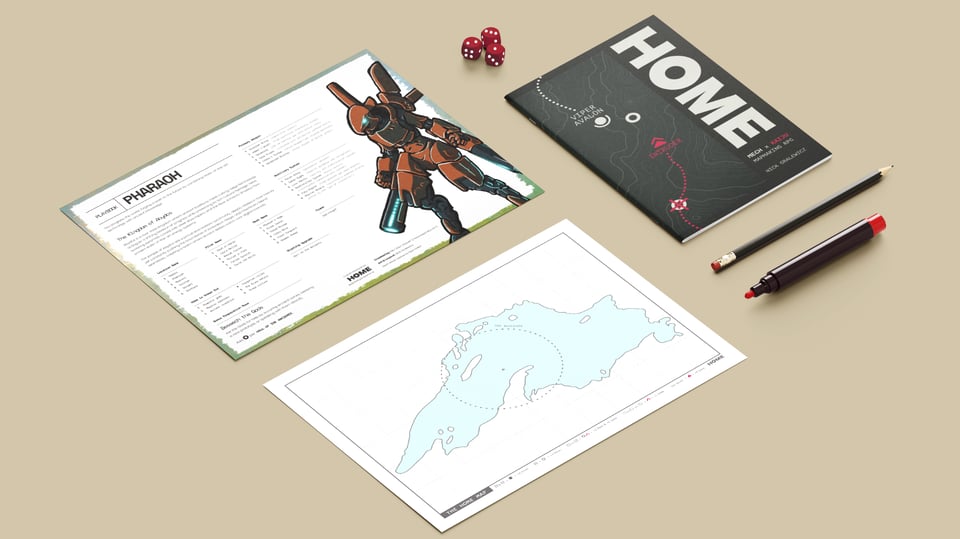 A custom playbook and map made for HOME, on a tabletop.