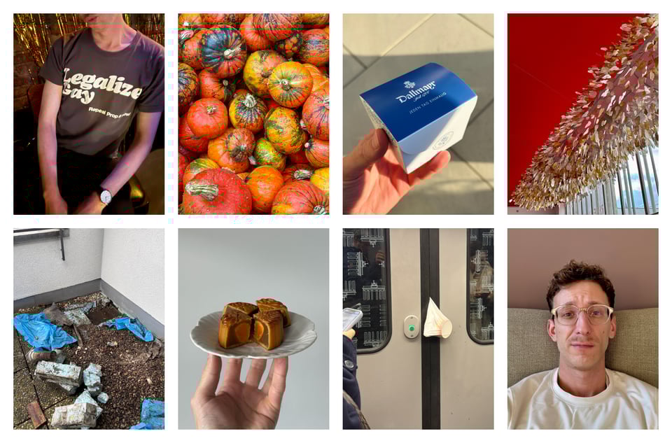 Foto-Collage: Kürbisse, ein kleiner Kuchen, Selfie von mir mit Schnurrbart