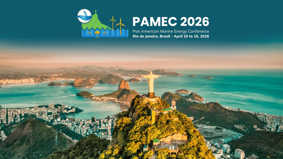 Pan American Marine Energy Conference (PAMEC 2026) conference announcement, taking place in Rio de Janeiro, Brazil, from April 10-15 2026. In the background you see a panorama of Rio de Janeiro.