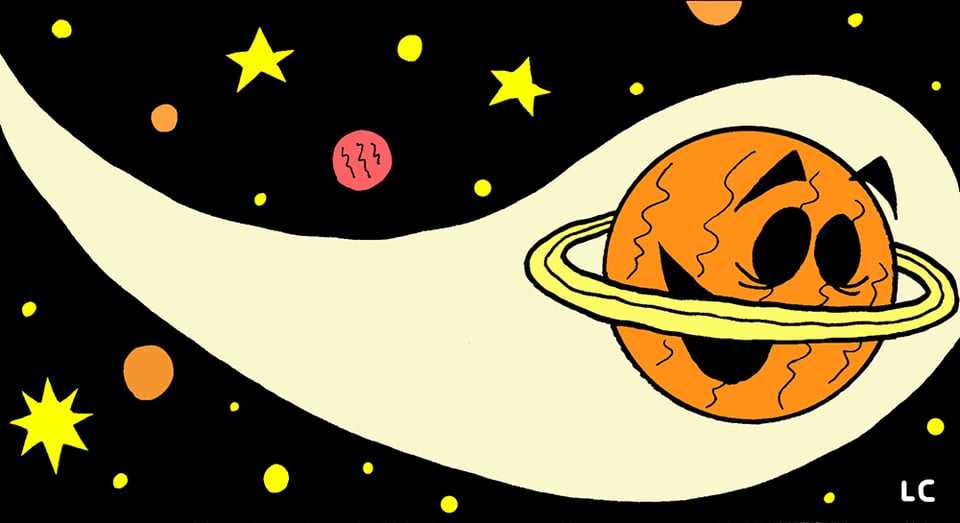 Ricky Imes! He's an orange planet with a ring around him, like Saturn, and he has eyes and a mouth. He is zooming through space.