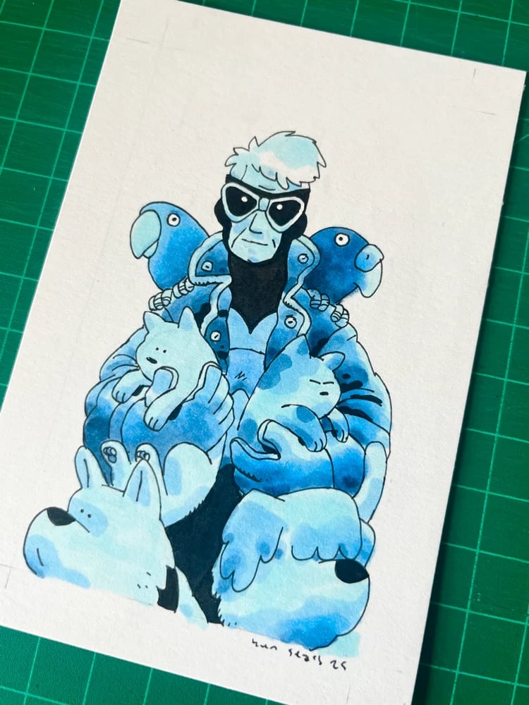 pen and marker drawing of Animal Man. He's holding a couple of cats. He has a bird on either shoulder, and two dogs are standing in front of him. 