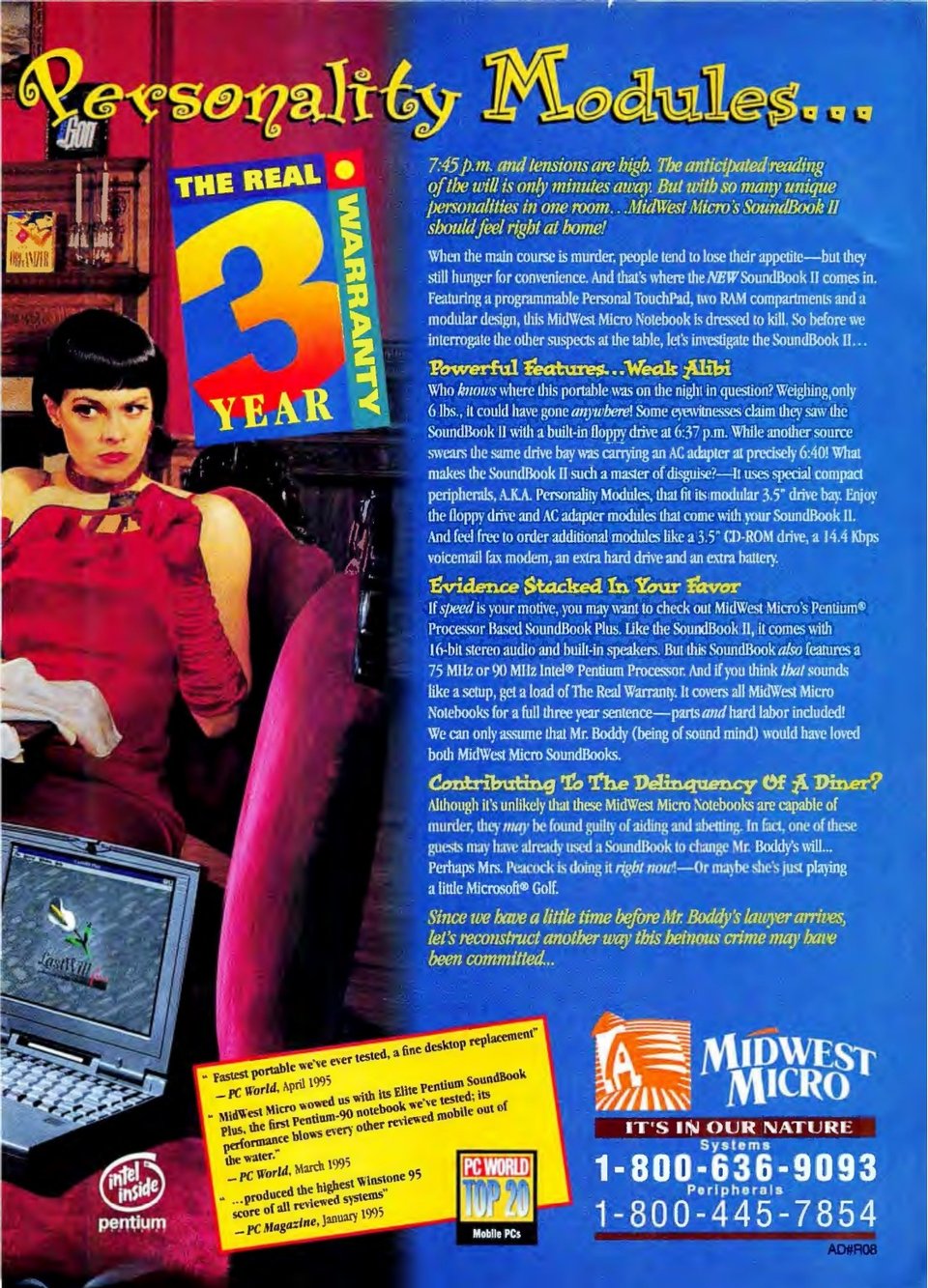 Miss Scarlet is wearing a red dress and gloves, sitting in a red chair. Next to her is a wall of text that uses puns and wordplay to insert Midwest Micro's SoundBook II into the Clue mystery