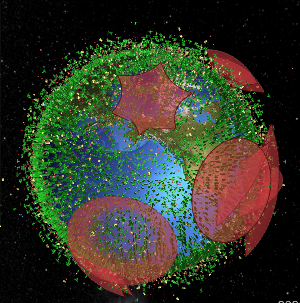 a visualisation of objects (satellites, debris, etc) that is floating above the earth. The earth is barely visible as it is obscured by hundreds of green satellites, and huge red areas indicating debris fields.