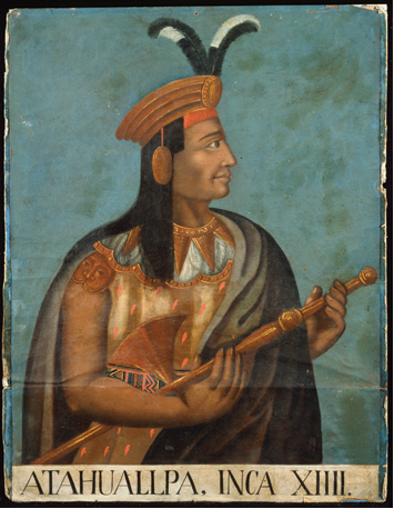 Portrait of the Inca emperor Atahualpa, wearing a gold crown topped with feathers and carrying an axe