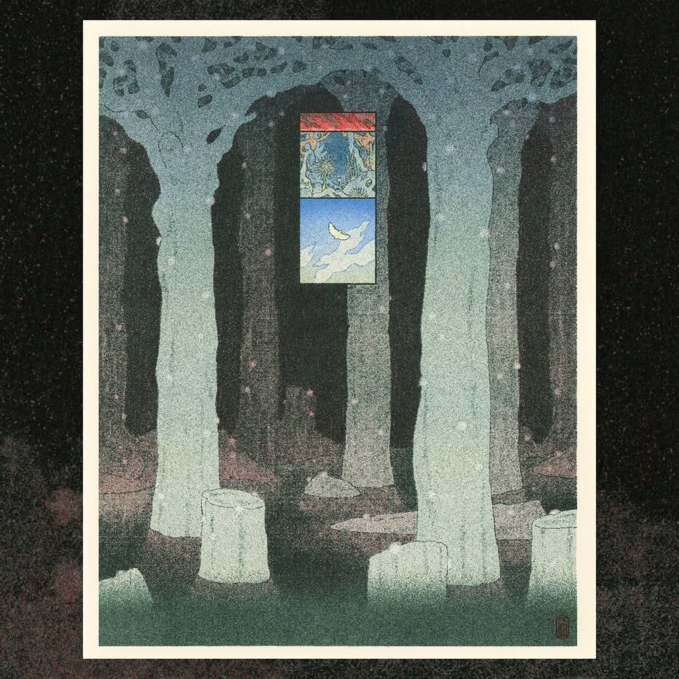 fanart of the nausicaa manga: small inset panels of fires raging, the fungal forest, and the white glider in a blue sky, over a background of columns of petrified fungi, slowly collapsing into still water and darkness.