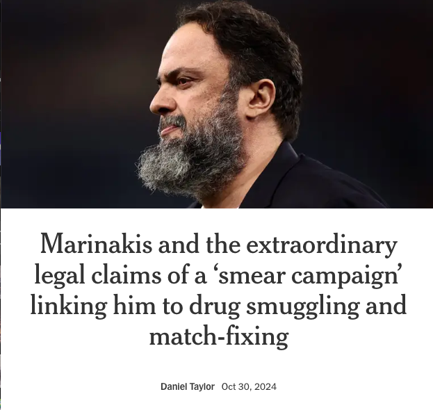 Headline: Marinakis and the extraordinary legal claims of a 'smear campaign' linking him to drug smuggling and match fixing