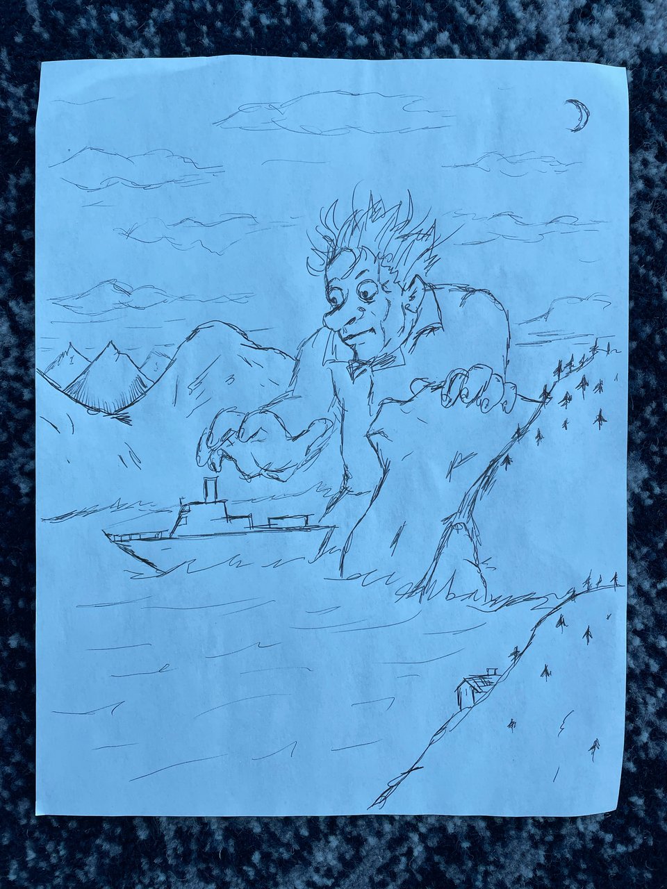 A rough sketch of a giant troll with a bow-tie reaching for a cruise ship