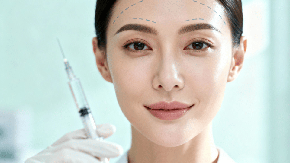 Woman with forehead facial mapping lines for Botox injection treatment.