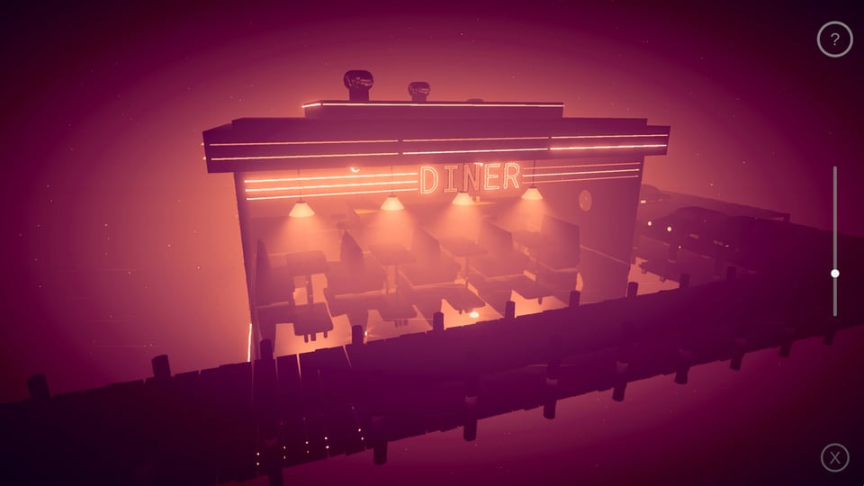 A diner on the water with parked cars on a dock