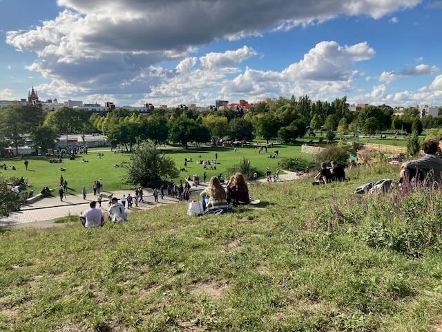 Green park with trees under blue sky