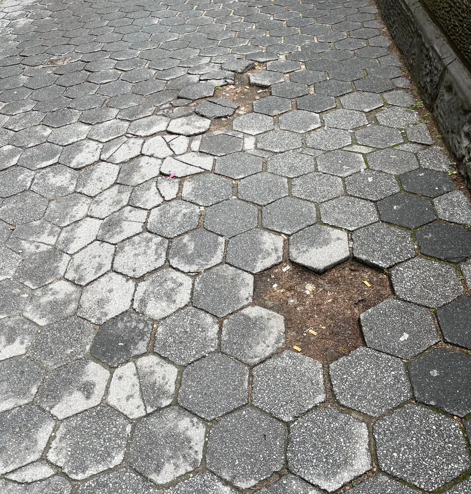 Hexagonal paving stones, several missing