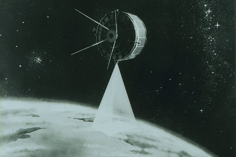 Black and white diagram showing a satellite rotating in space, scanning a portion of the Earth below it.
