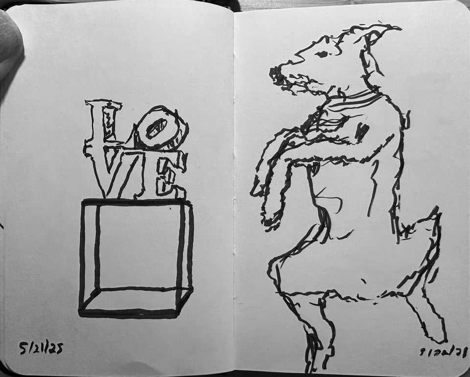 two quick brush-pen sketches: left, the LOVE sculpture in Philadelphia's Love Park; right a female aussiedoodle lying on her back, rear legs spread