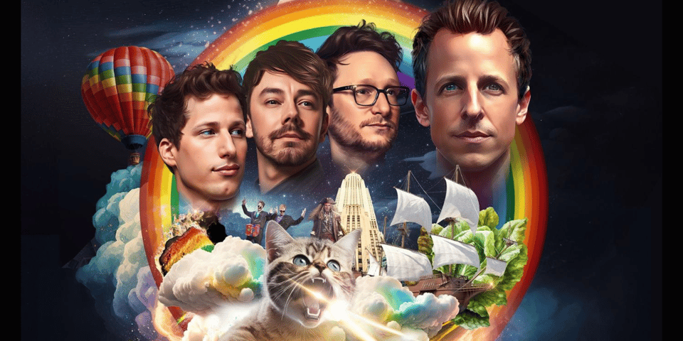 The Lonely Island and Seth Myers with a laser cat.