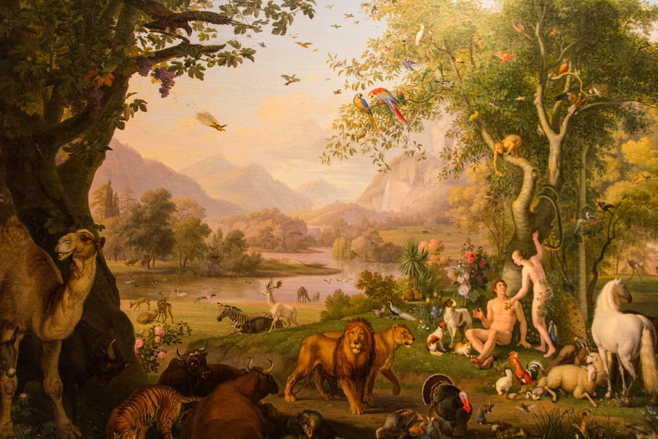 This is a painting of the Garden of Eden. I don't know the painter even though I just spent five or ten minutes trying to find it with reverse image search. Usually these days the main obstacle to useful search results is the prevalence of AI-generated slop but in this case this painting seems to have been used as an illustration for literally hundreds of religious blogs, none of whom credited the artist. So now I'm following suit, excusing my sin because someone else did it first, much as Adam blamed Eve. We fall, we fell, we are fallen.