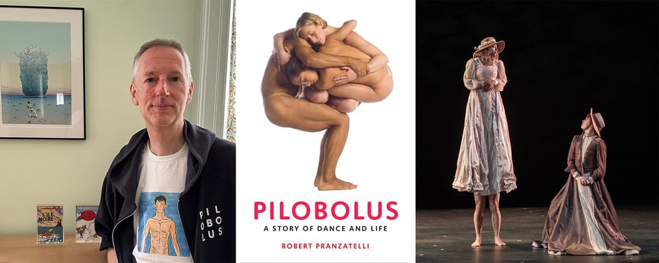 3 images: left, a photo of author Robert Pranzatelli standing beside a Moebius print; center, the cover of his new book, PILOBOLUS; right, a photo of 4 Pilobolus performers on stage