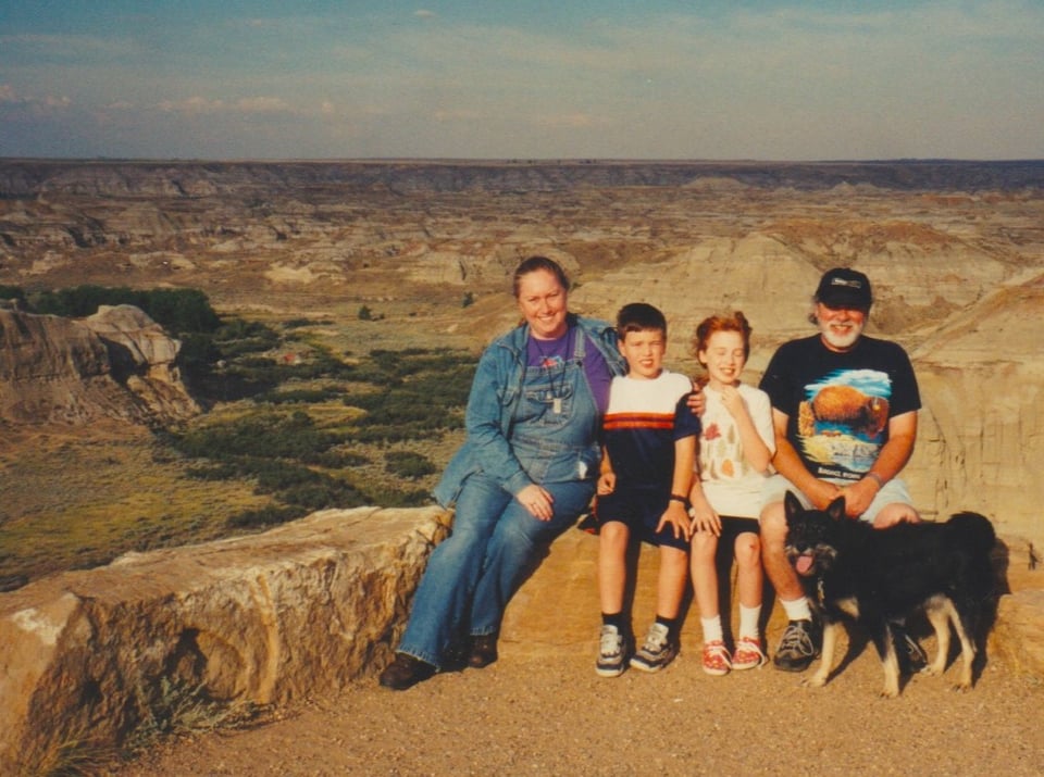 Dave with the fam at a peak overlooking Horsethief Canyon in Alberta’s badlands, circa 2001. We still speak of Dave often in family circles—but then, she already knows that.