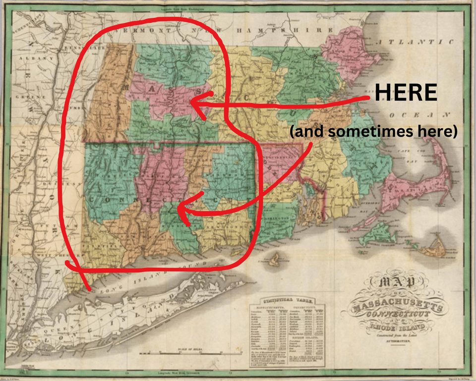 An antique map of Massachusetts and Connecticut, with Western Mass. and Conn. circled in red.